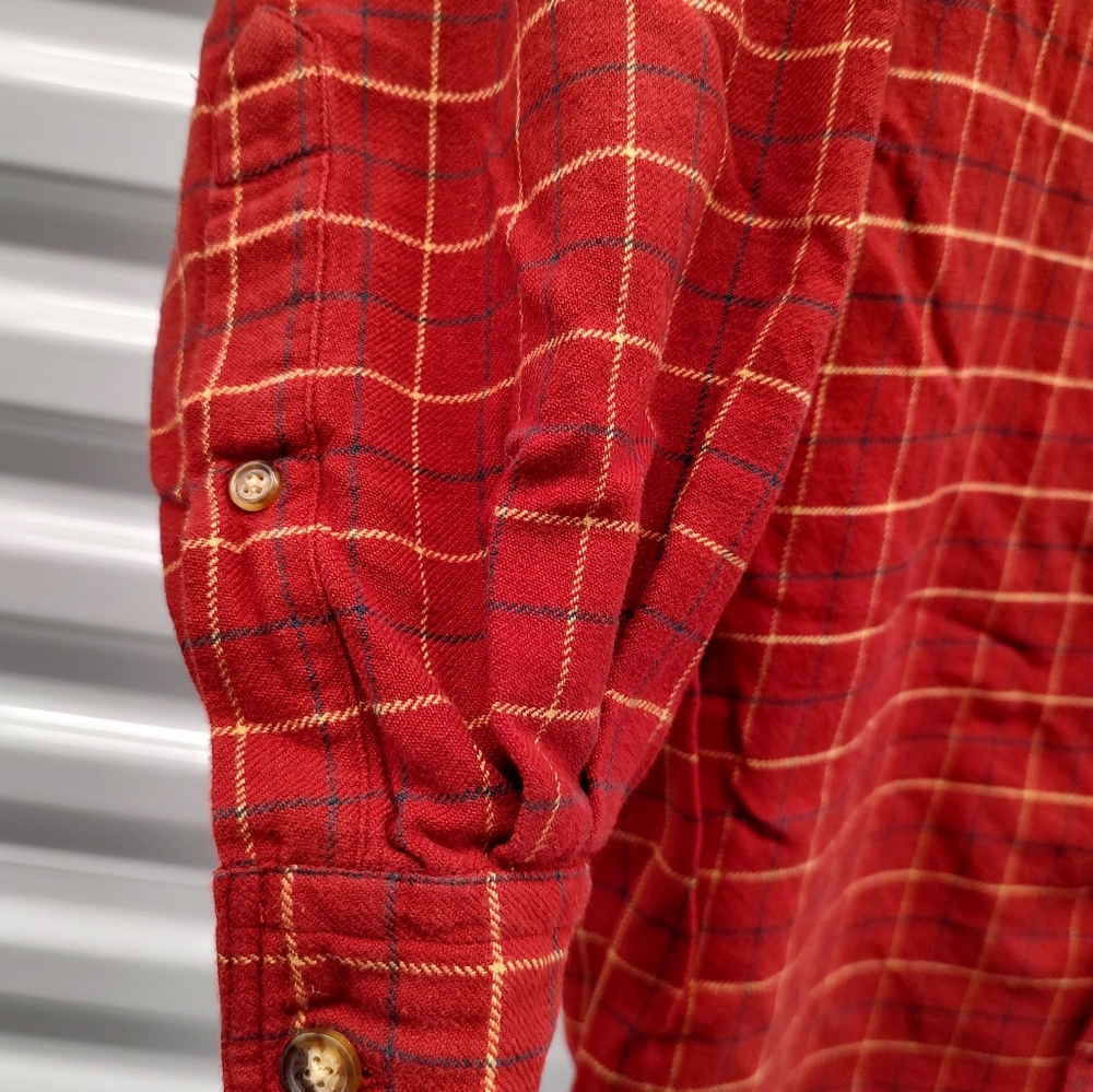 Men's Orvis red plaid flannel button down shirt with faux suede patch si… - Picture 5 of 7